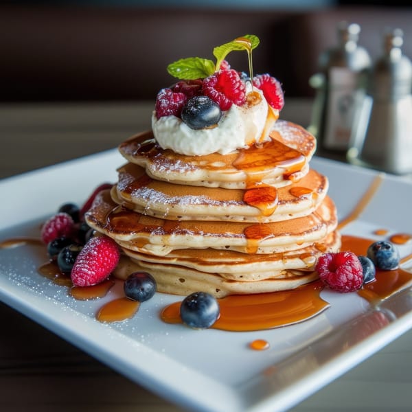 Stack of pancakes with whipped cream, raspberries, blueberries, mint, and maple syrup.