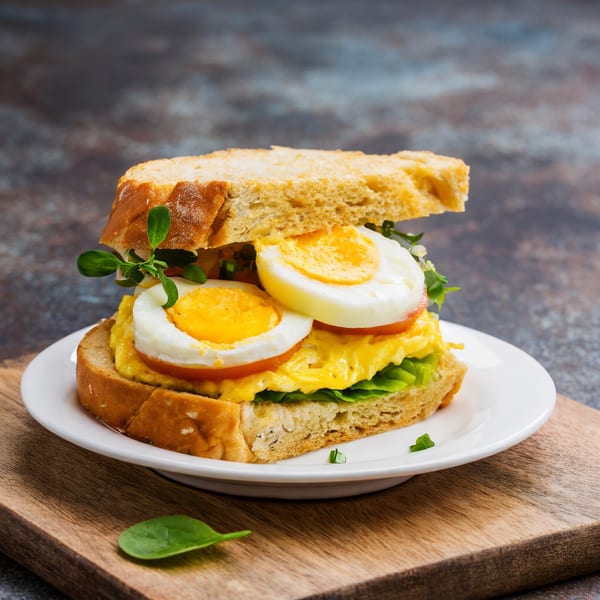 An egg salad sandwich with sliced hard-boiled eggs, lettuce, and tomatoes on a white plate.