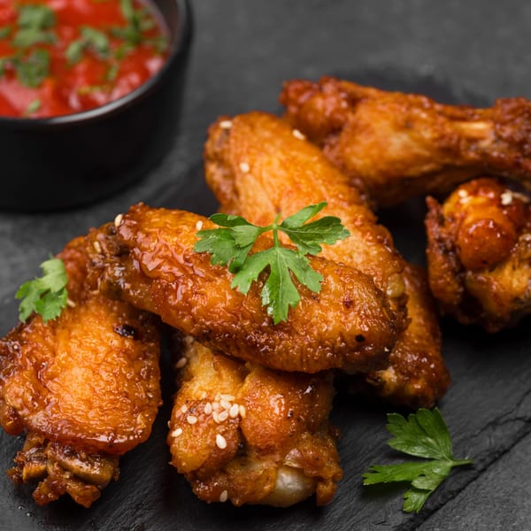 Crispy glazed chicken wings with sesame seeds and parsley, served with a side of red sauce.